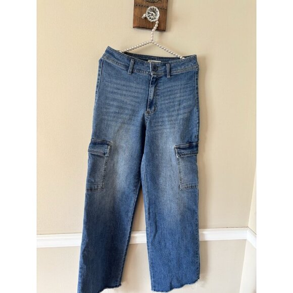 Oat New Tork Denim - Oat New York Womens Size 6 Cargo Blue Jeans High Waist Mom Jeans Raw Hem